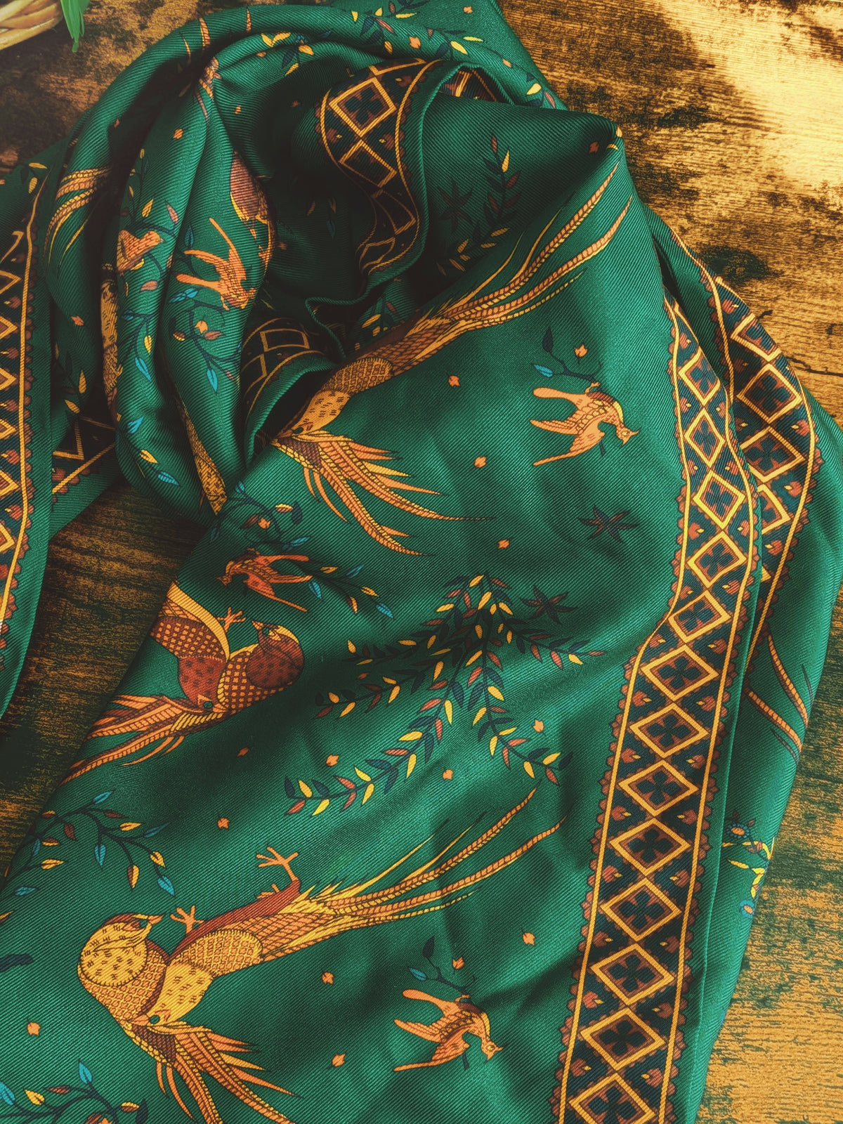 Drake's Green Birds of Paradise Print Tubular Silk Tasselled Scarf - image 3