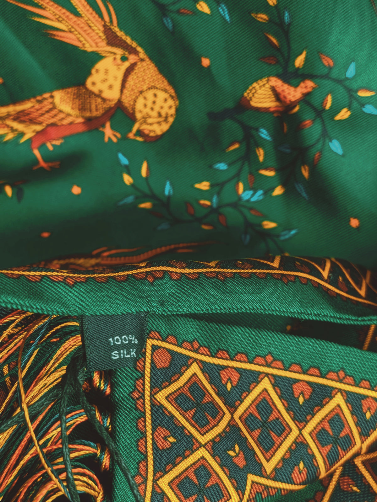 Drake's Green Birds of Paradise Print Tubular Silk Tasselled Scarf - image 4