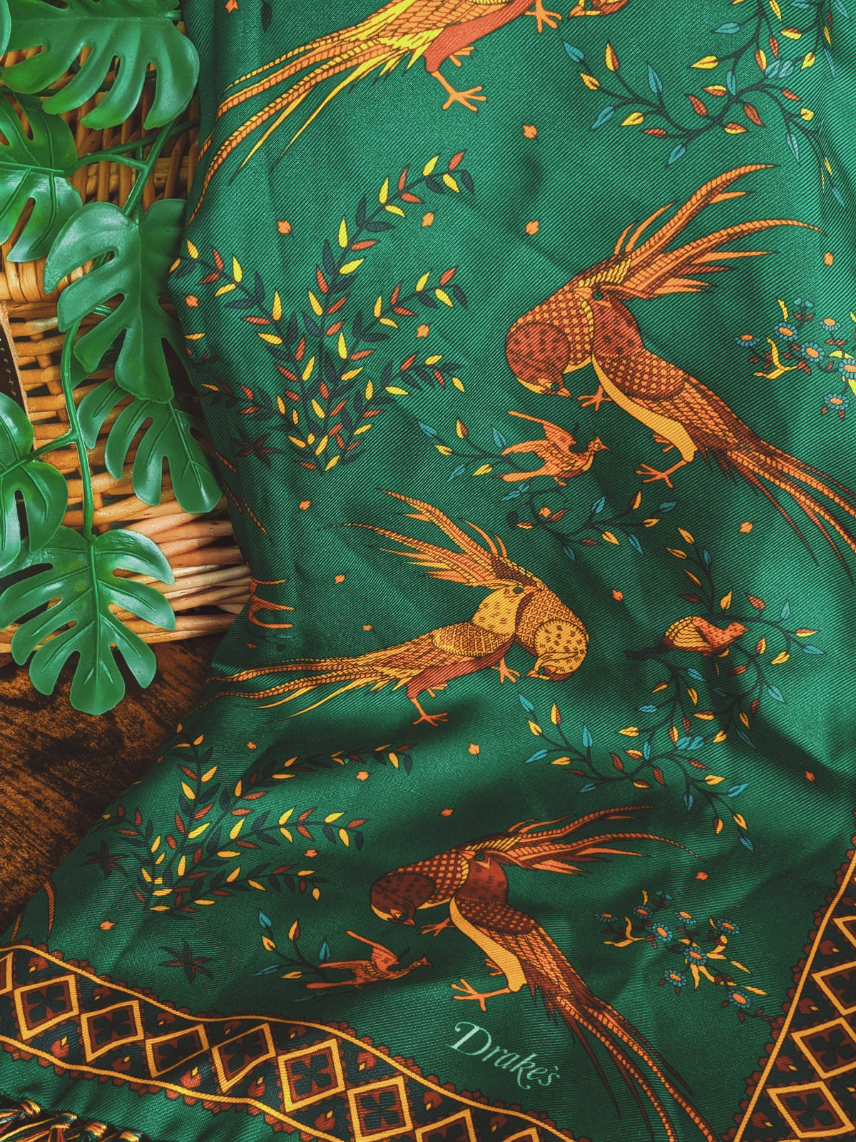 Drake's Green Birds of Paradise Print Tubular Silk Tasselled Scarf - image 5