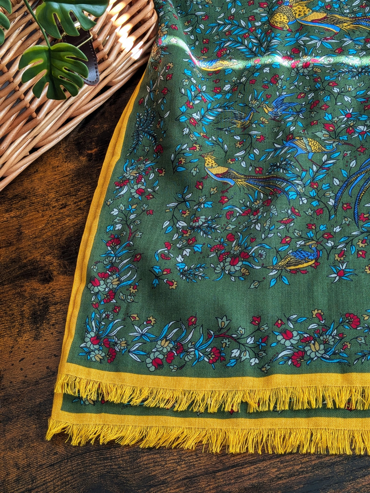 Drake's Green Birds of Paradise Print Tubular Wool Silk Scarf - image 1