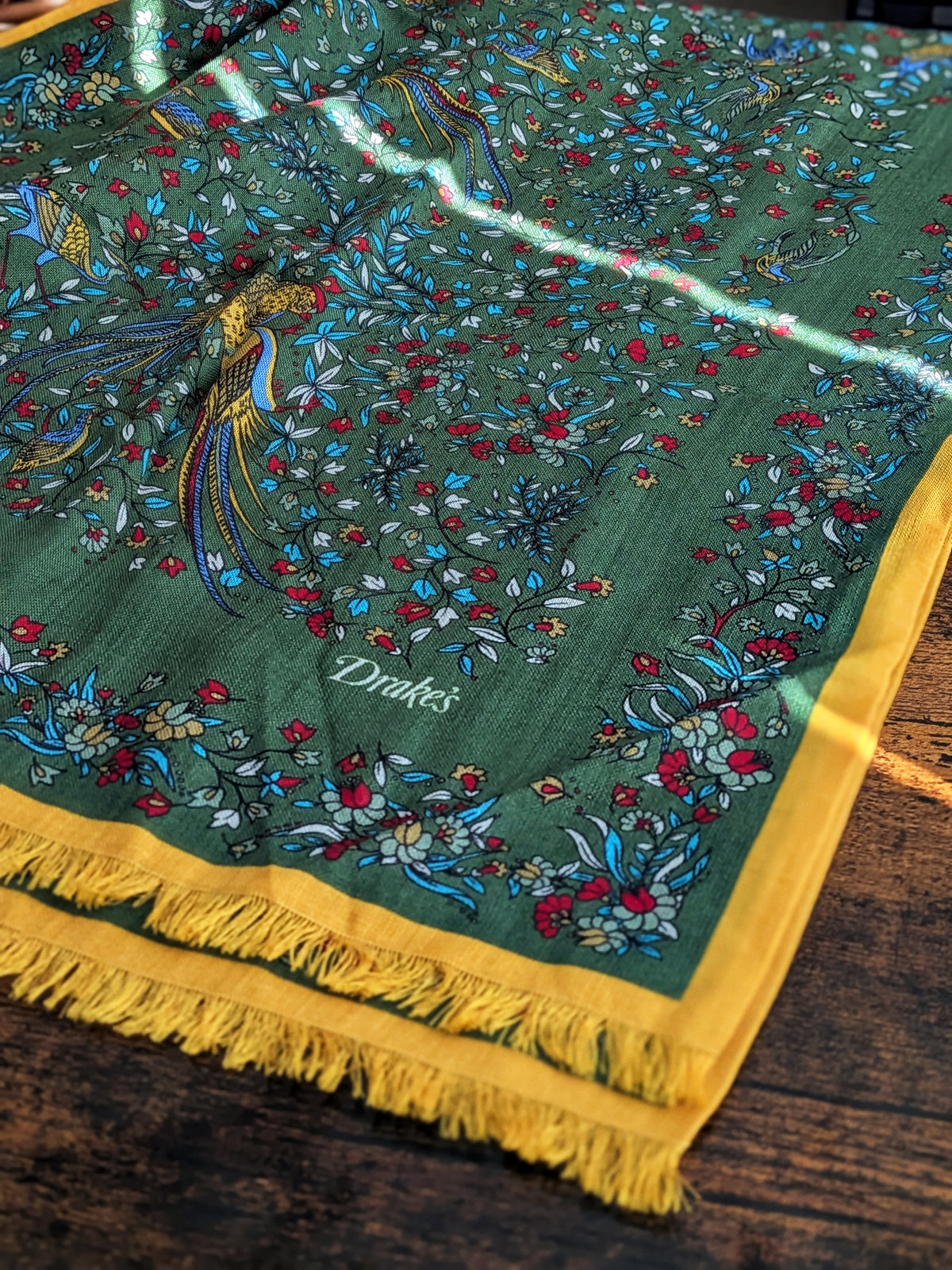 Drake's Green Birds of Paradise Print Tubular Wool Silk Scarf - image 2