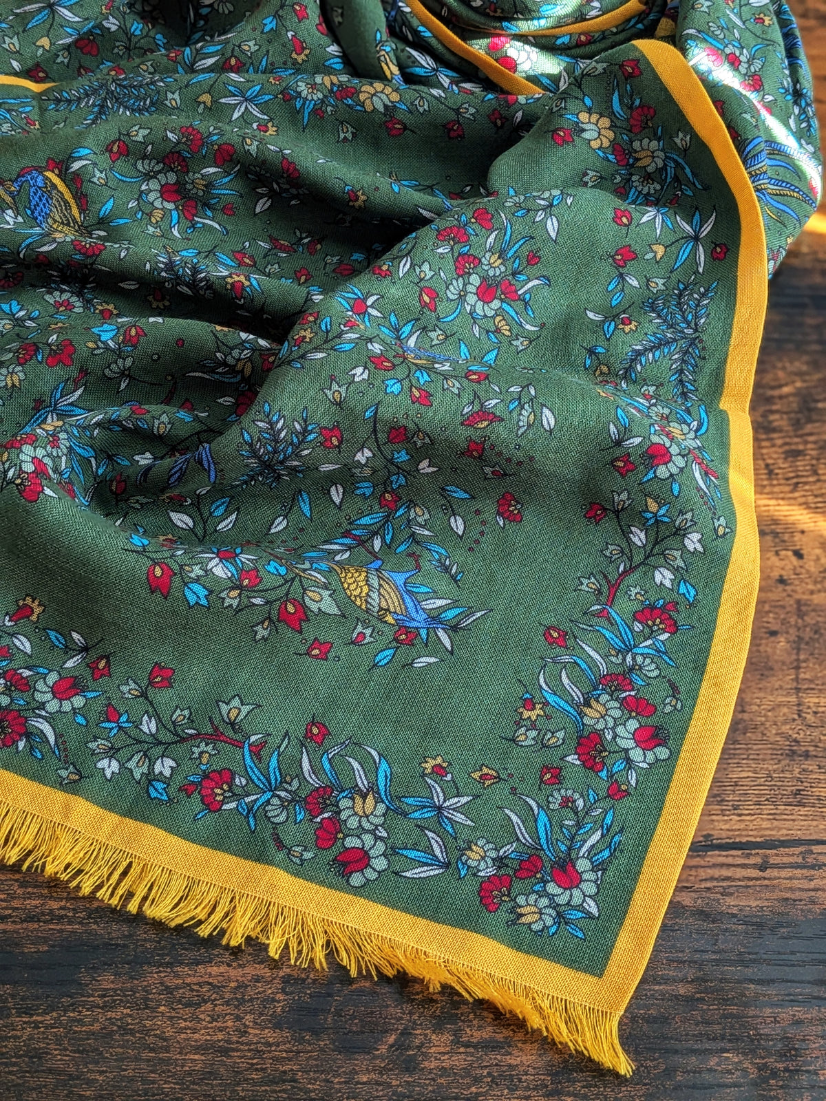 Drake's Green Birds of Paradise Print Tubular Wool Silk Scarf - image 3