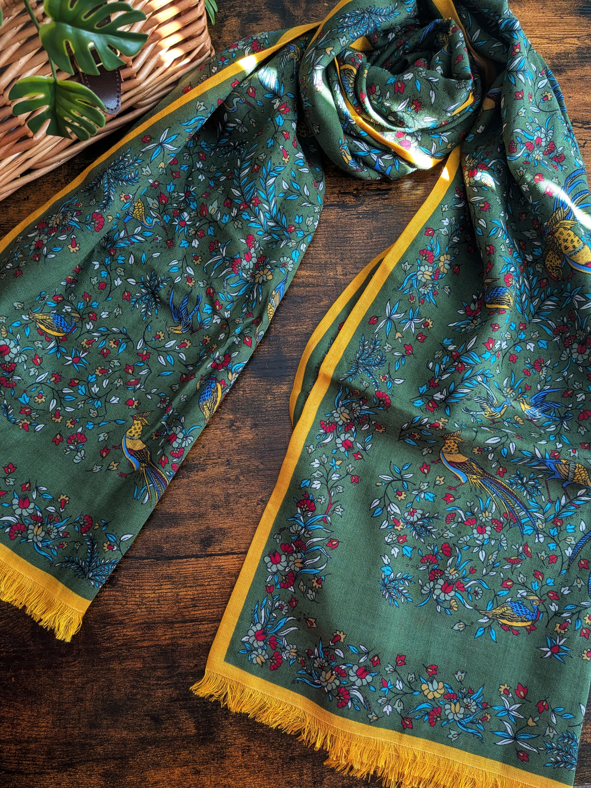 Drake's Green Birds of Paradise Print Tubular Wool Silk Scarf - image 4
