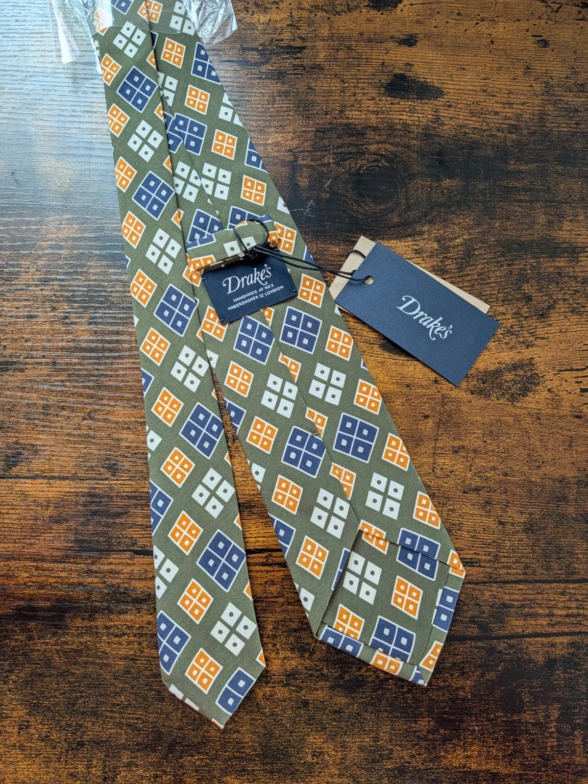 Drake's Green, Blue and Yellow  Geometric Handmade Silk Tie - image 1