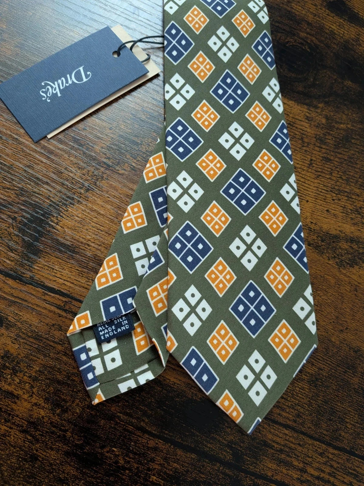Drake's Green, Blue and Yellow  Geometric Handmade Silk Tie - image 2