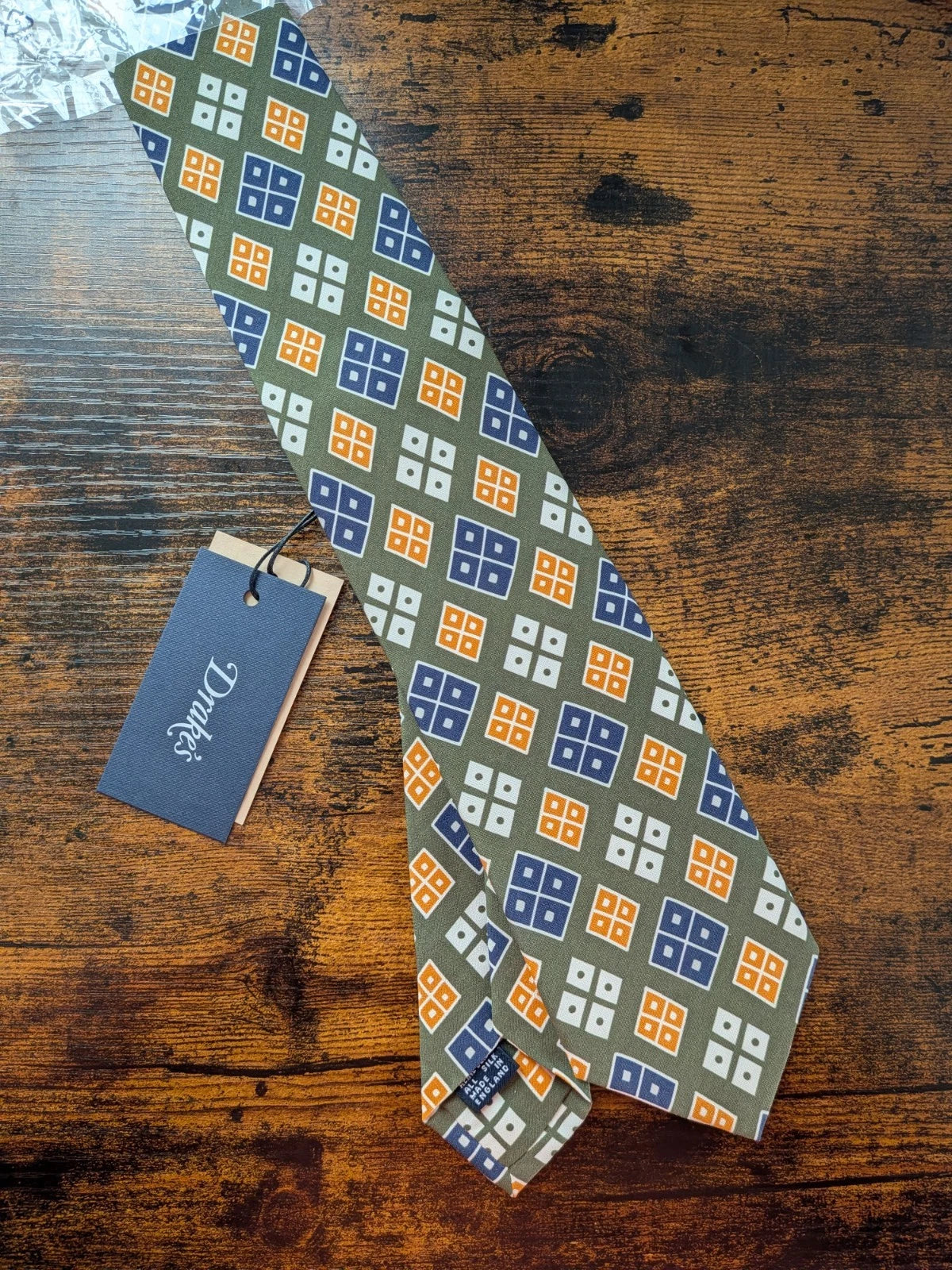 Drake's Green, Blue and Yellow  Geometric Handmade Silk Tie - image 3