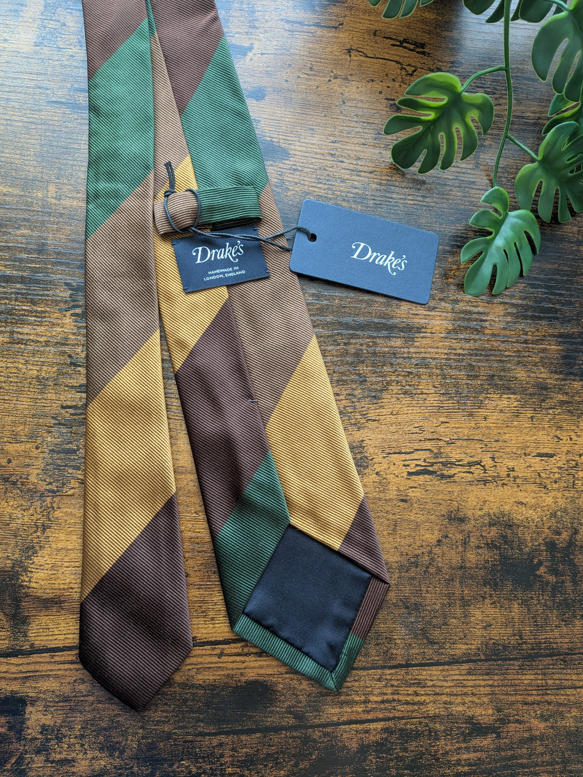 Drake's Green, Brown and Yellow Striped Handmade Silk Tie - image 2