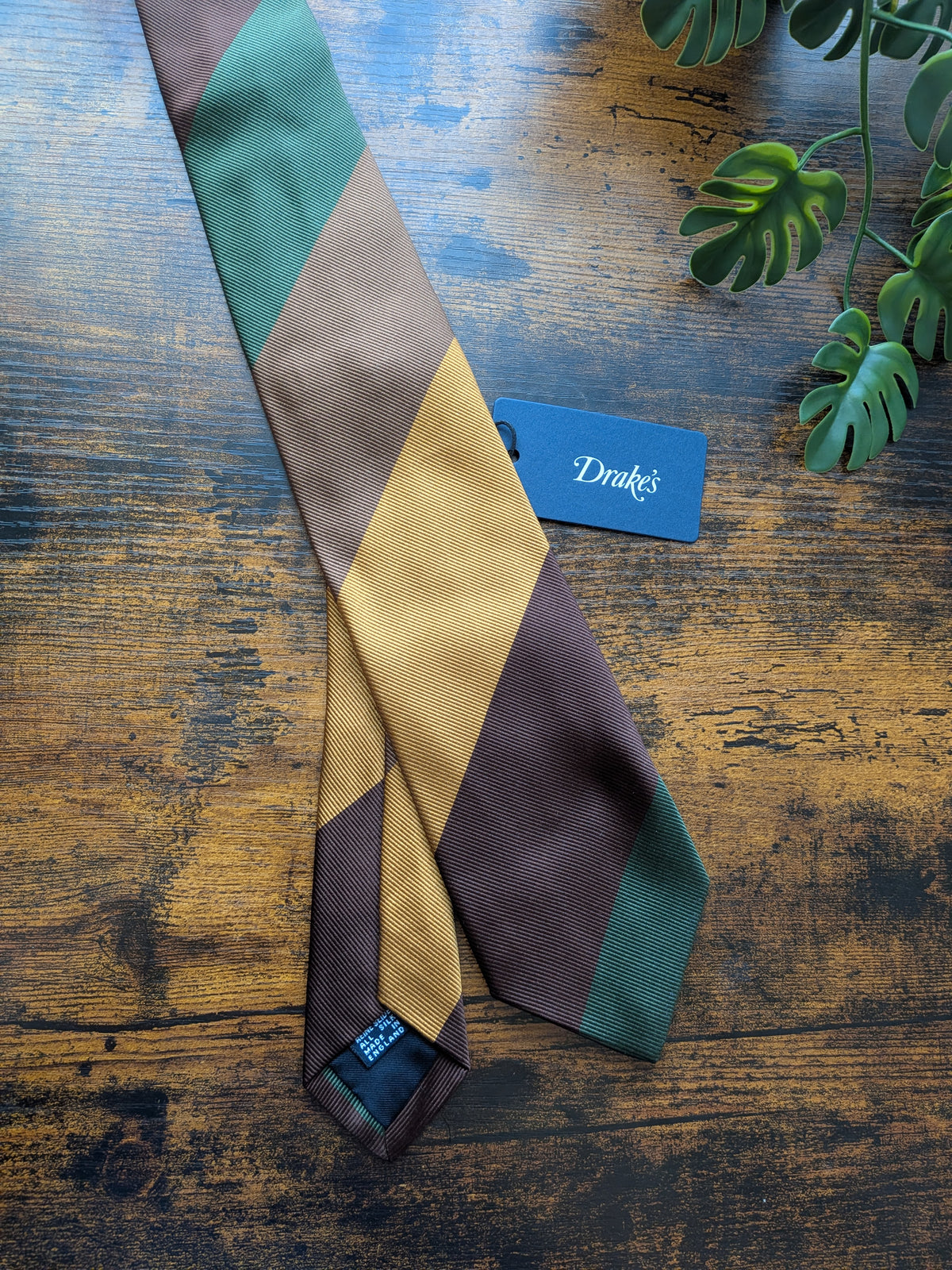 Drake's Green, Brown and Yellow Striped Handmade Silk Tie - image 4