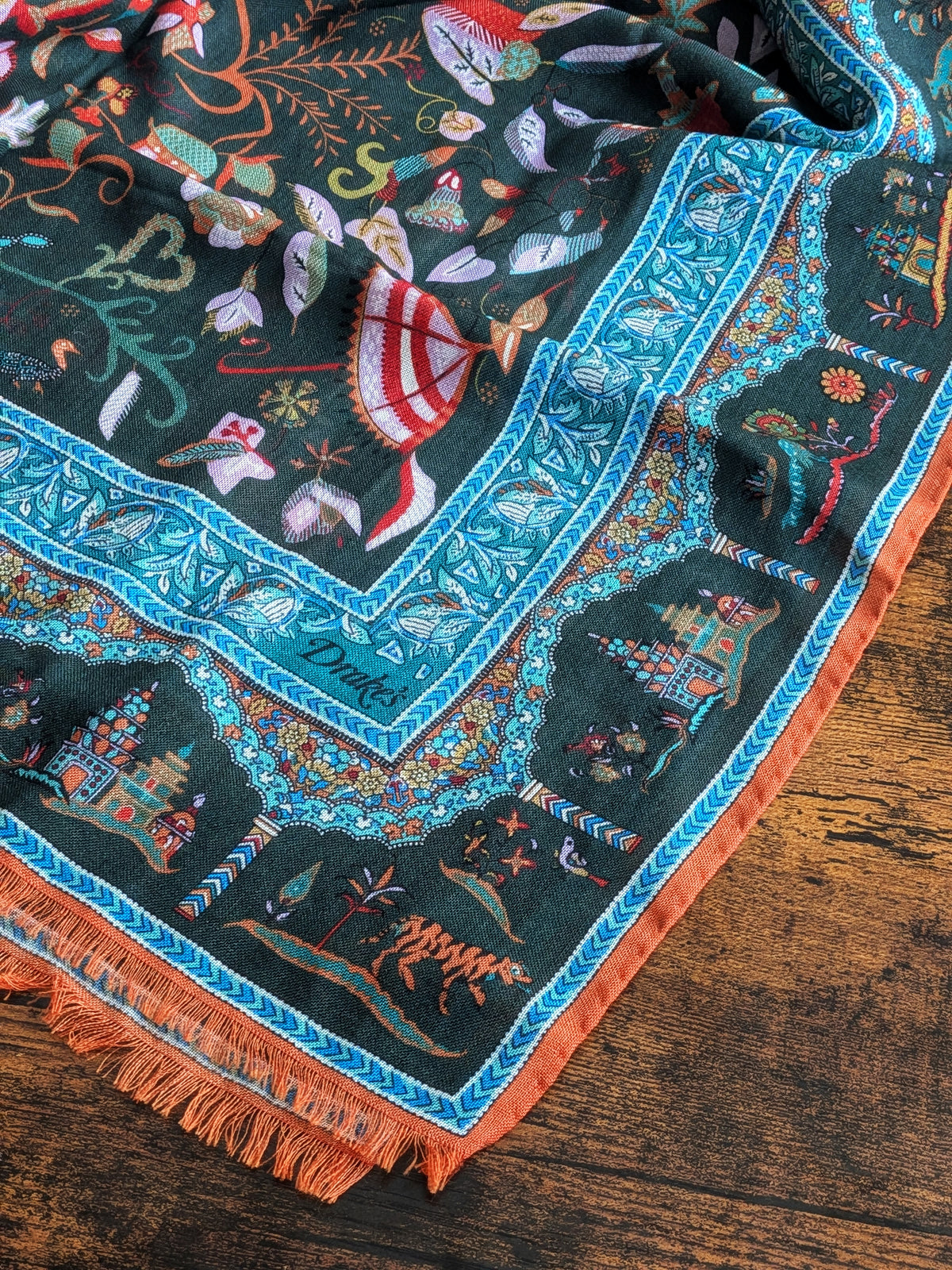 Drake's Green Classic Mughal Print Wool Silk Scarf - image 1