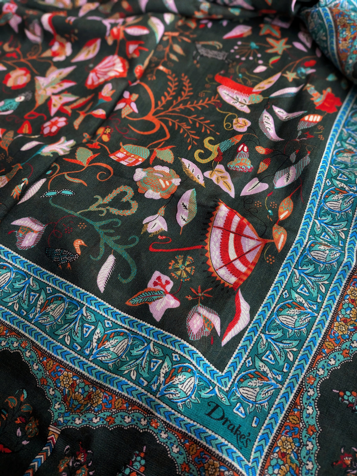 Drake's Green Classic Mughal Print Wool Silk Scarf - image 2