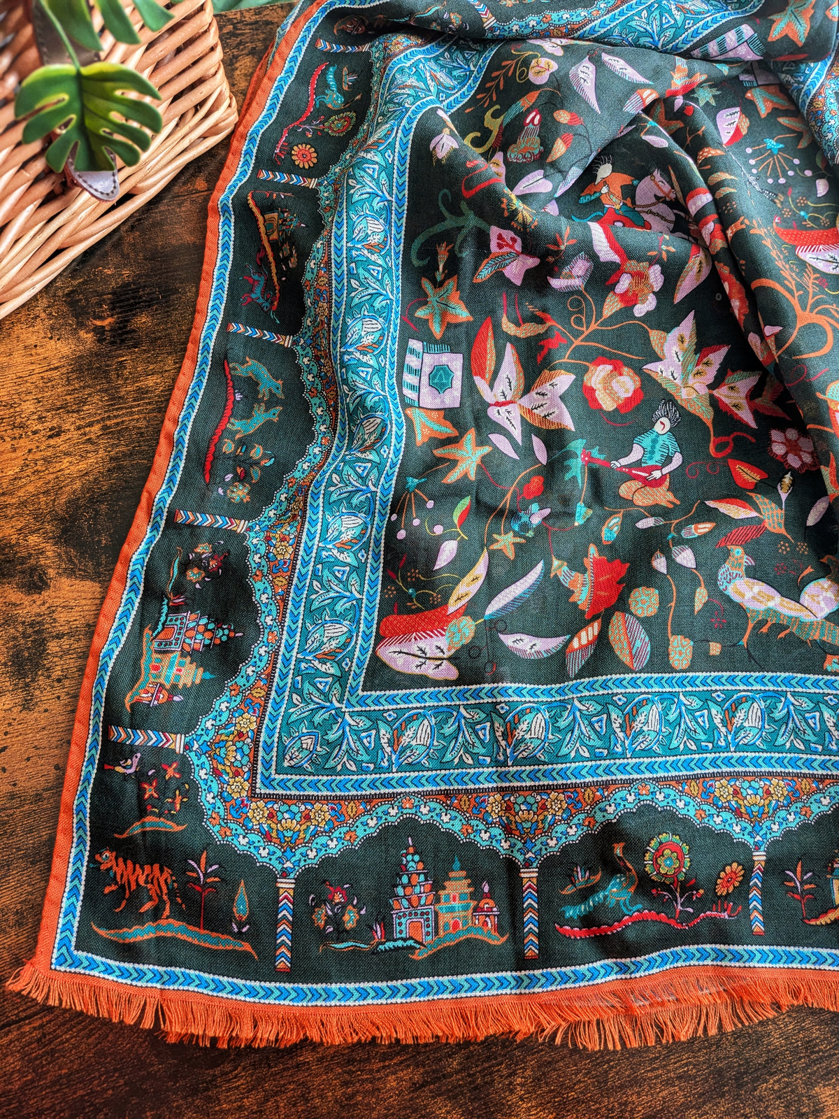 Drake's Green Classic Mughal Print Wool Silk Scarf - image 4