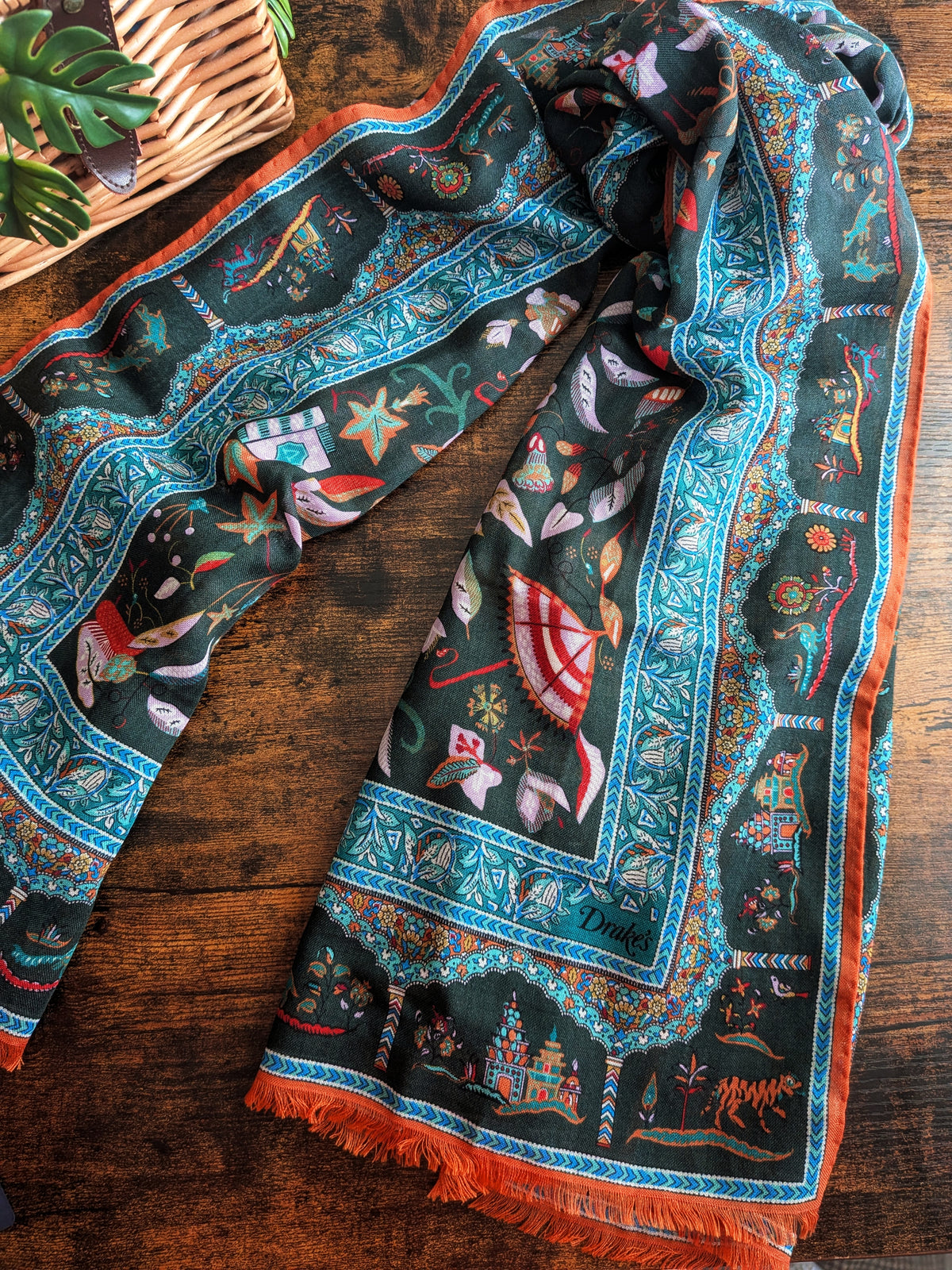 Drake's Green Classic Mughal Print Wool Silk Scarf - image 7