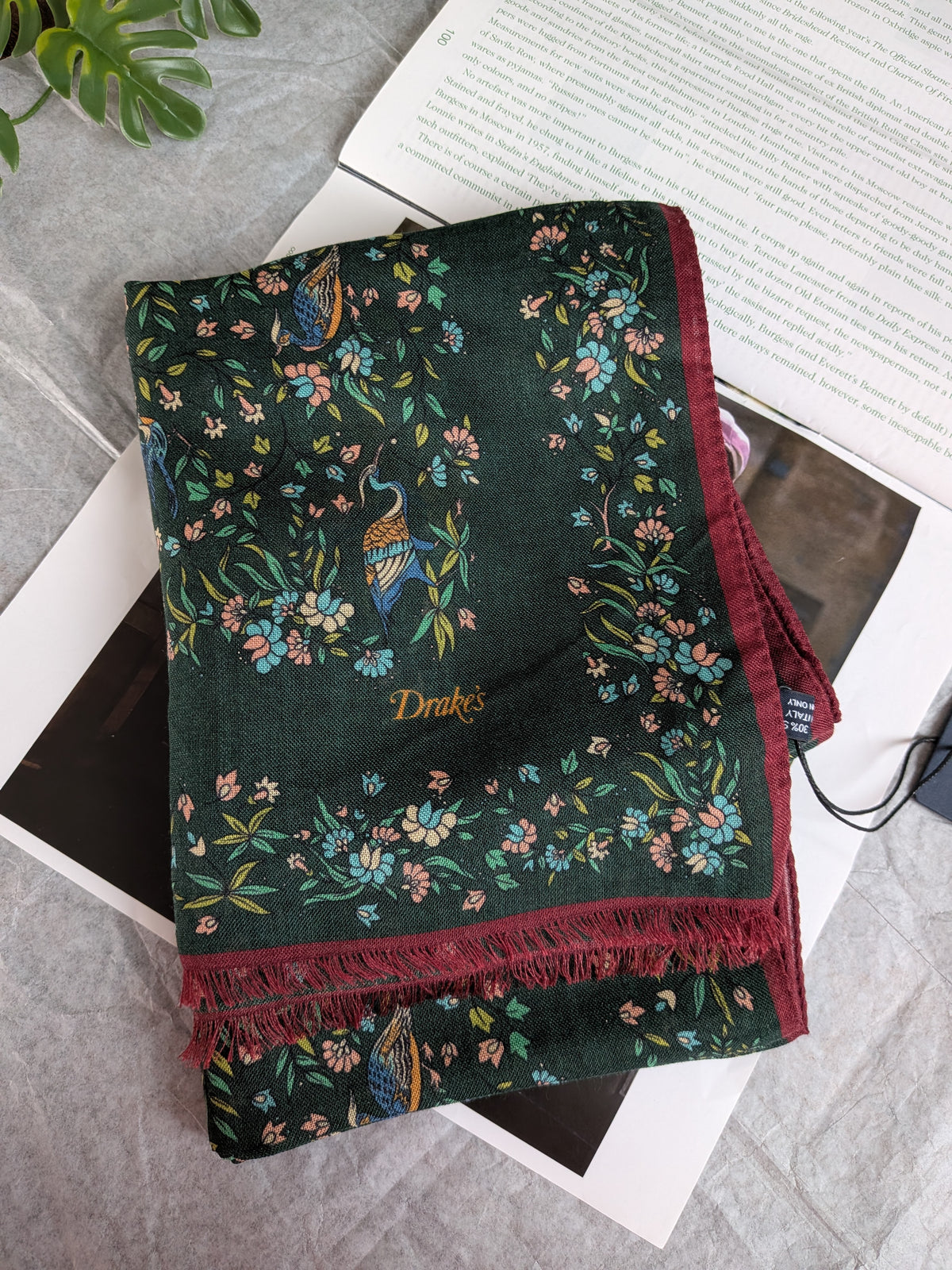 Drake's green floral birds of paradise print wool-silk scarf product image