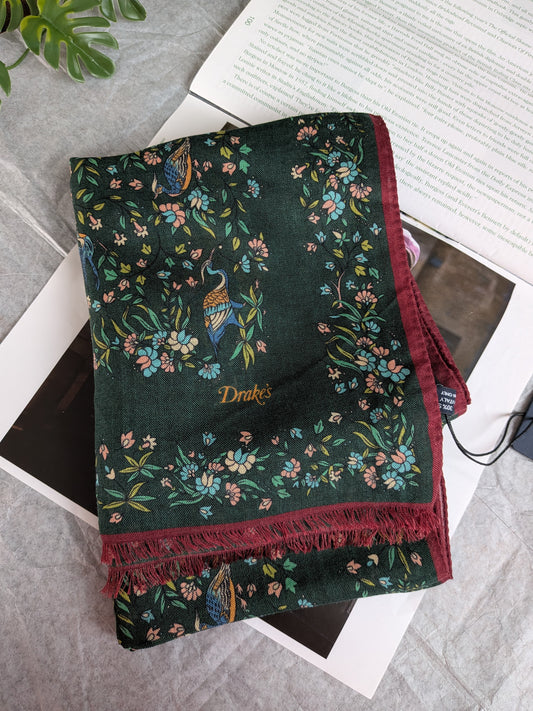 Drake's green floral birds of paradise print wool-silk scarf product image