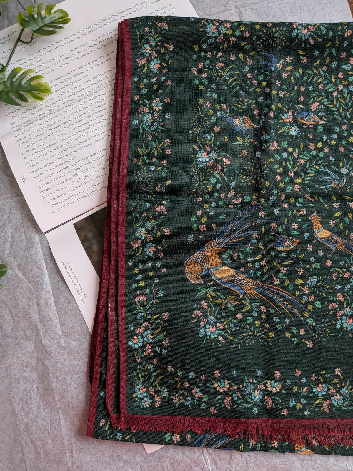Drake's green floral birds of paradise print wool-silk scarf detail view 2