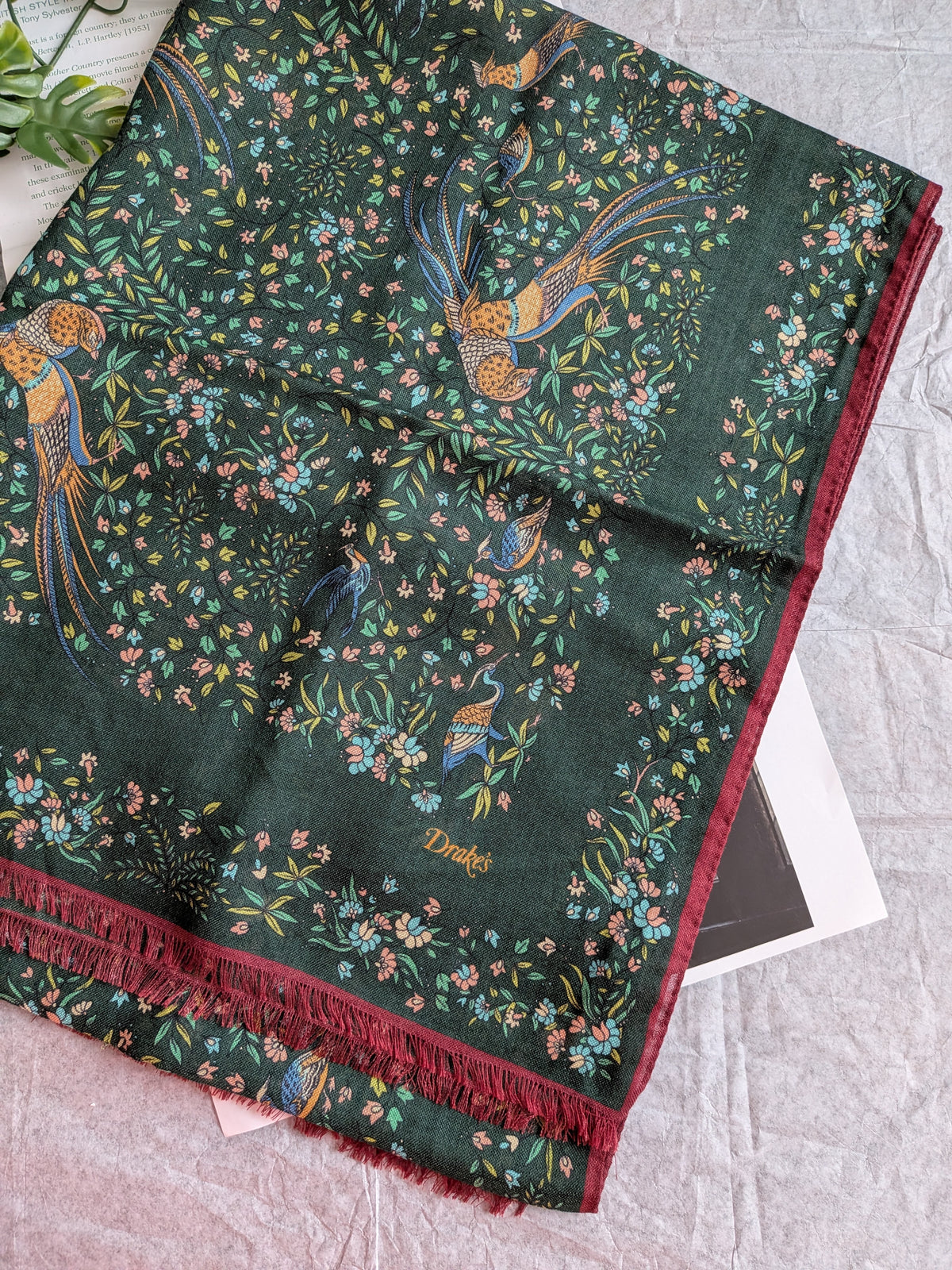 Drake's green floral birds of paradise print wool-silk scarf detail view 3