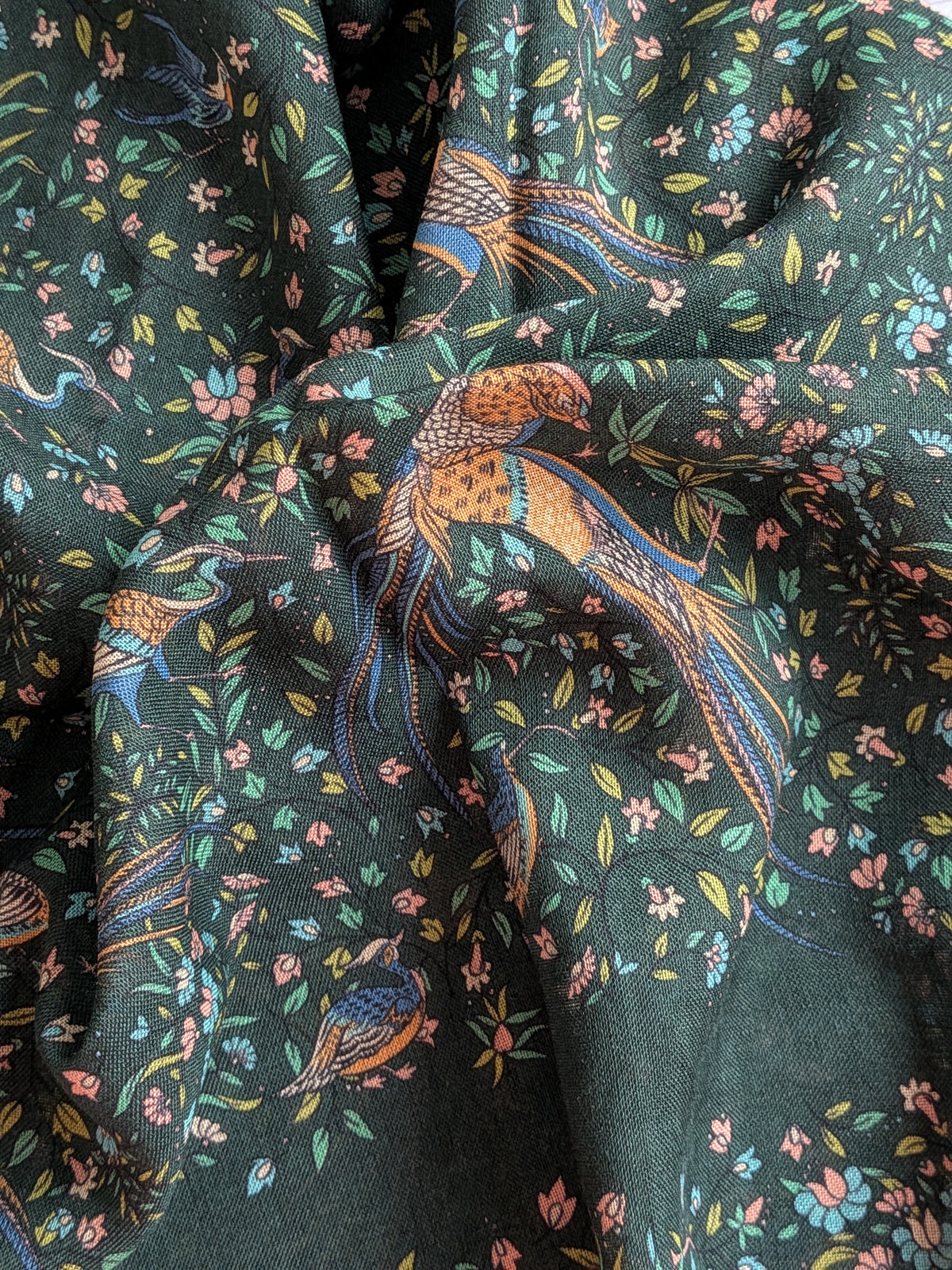 Drake's green floral birds of paradise print wool-silk scarf detail view 4