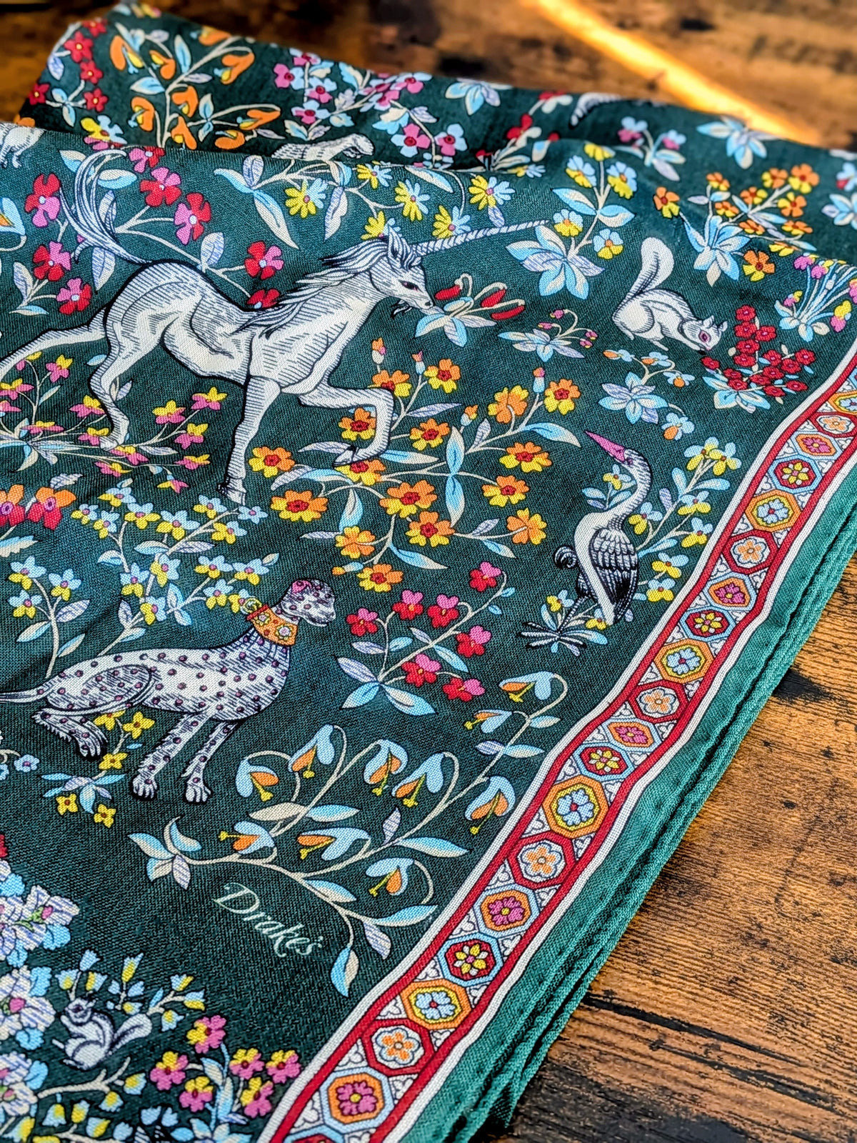Drake's Green Forest Animals Flower Border Wool-Silk Scarf - image 1