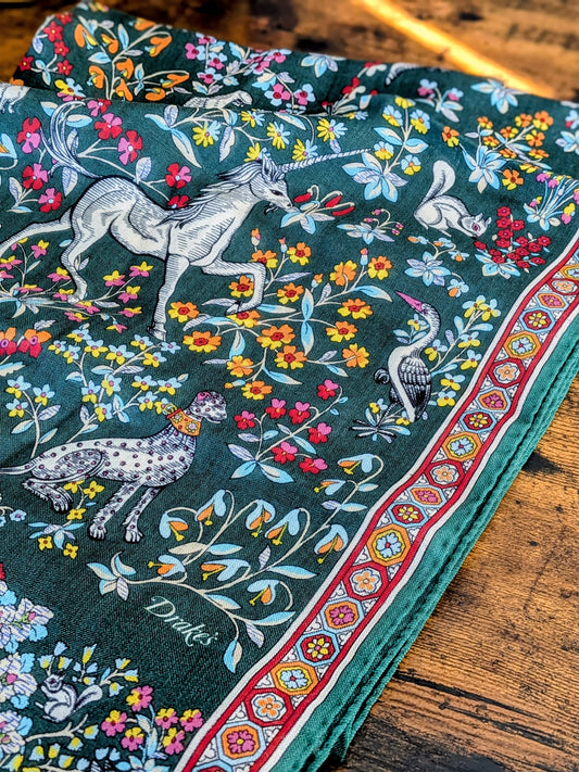 Drake's Green Forest Animals Flower Border Wool-Silk Scarf - image 1