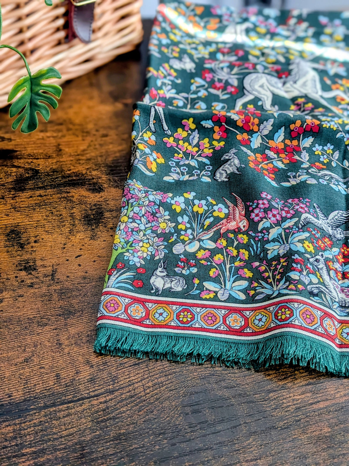 Drake's Green Forest Animals Flower Border Wool-Silk Scarf - image 2