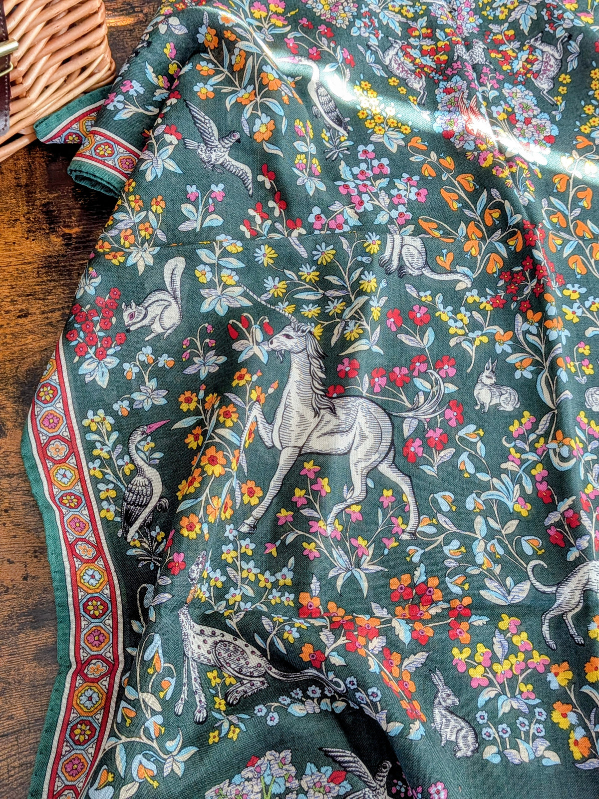 Drake's Green Forest Animals Flower Border Wool-Silk Scarf - image 3
