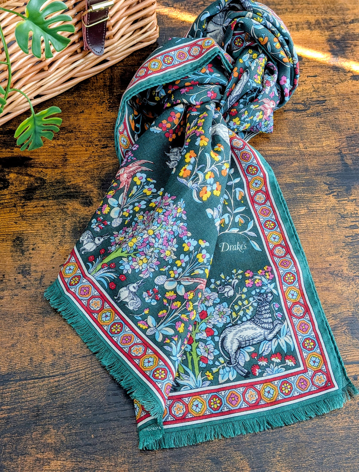 Drake's Green Forest Animals Flower Border Wool-Silk Scarf - image 5