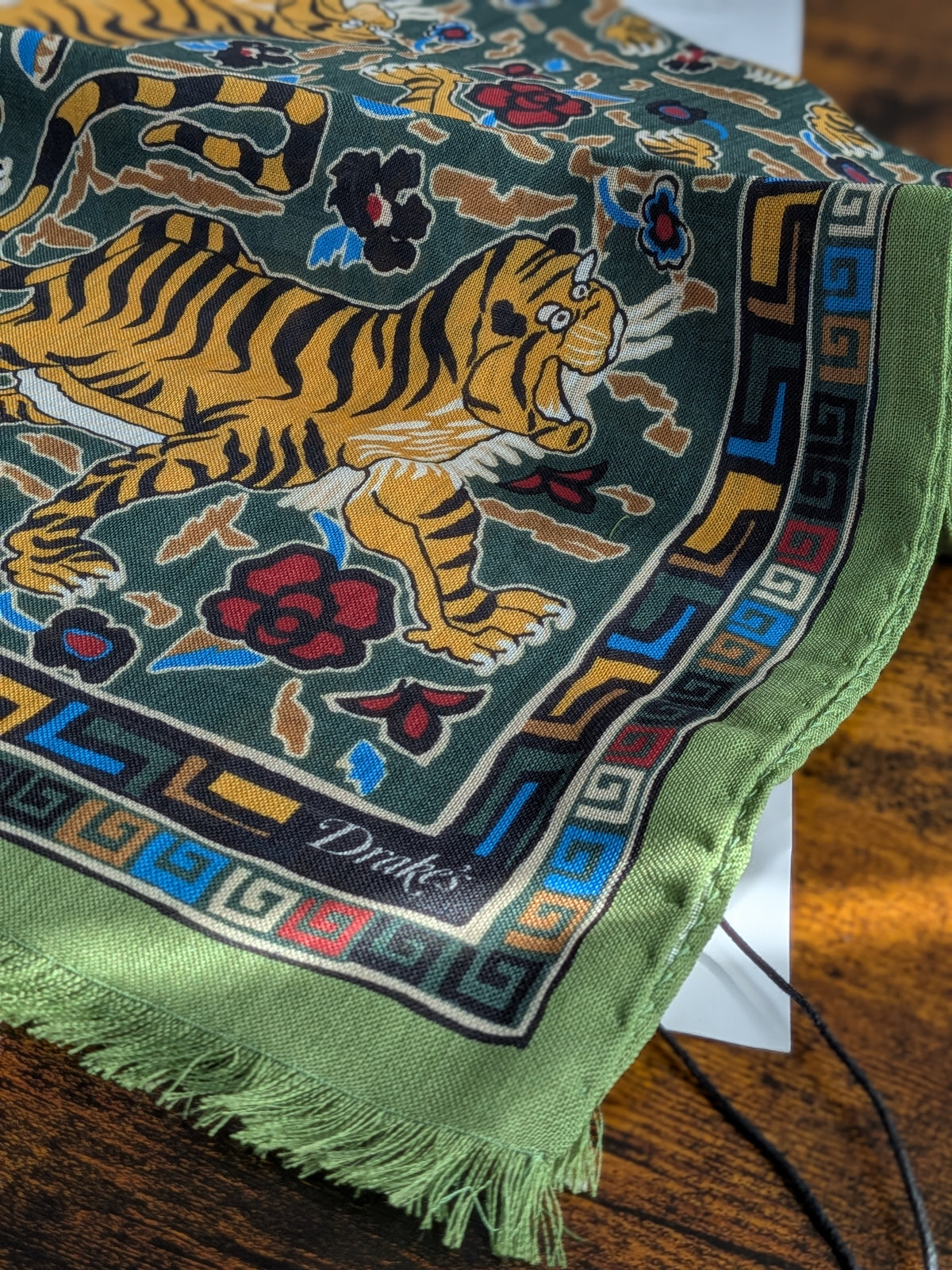 Drake's Green Jumbo Tiger Print Wool-Silk Scarf - image 4