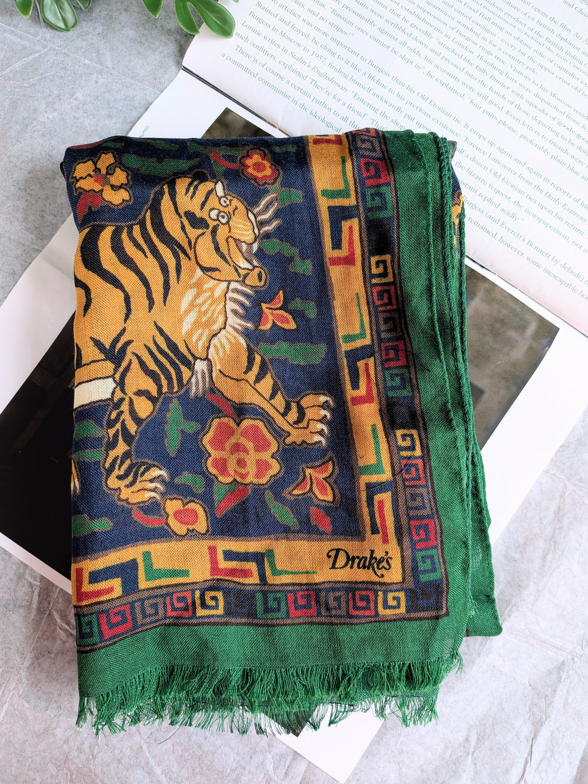 Drake's green navy jumbo tiger print wool silk scarf product image