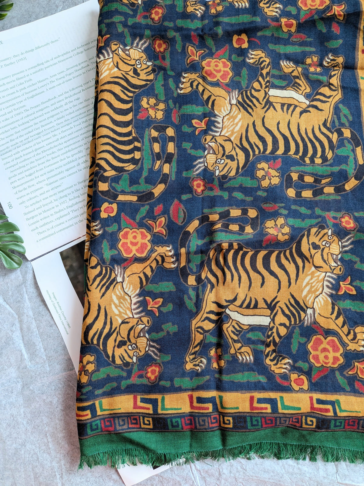 Drake's green navy jumbo tiger print wool silk scarf detail view 2