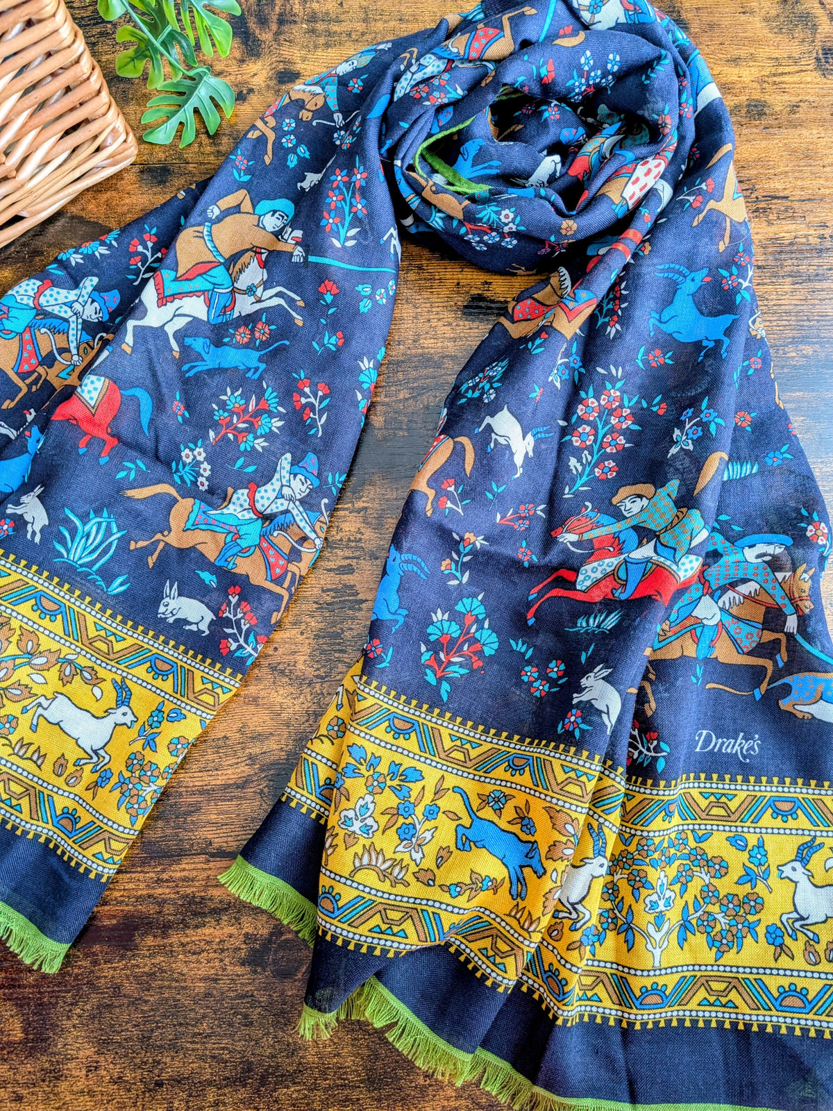 Drake's Green Navy Mughal Fringed Printed Wool and Silk-Blend Scarf - image 1