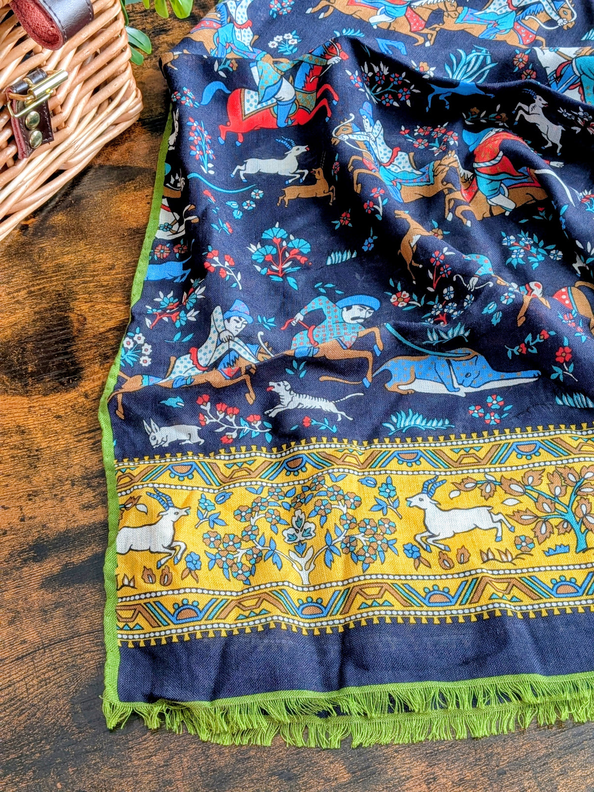 Drake's Green Navy Mughal Fringed Printed Wool and Silk-Blend Scarf - image 2