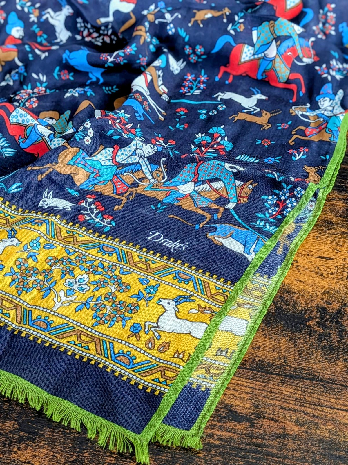 Drake's Green Navy Mughal Fringed Printed Wool and Silk-Blend Scarf - image 4