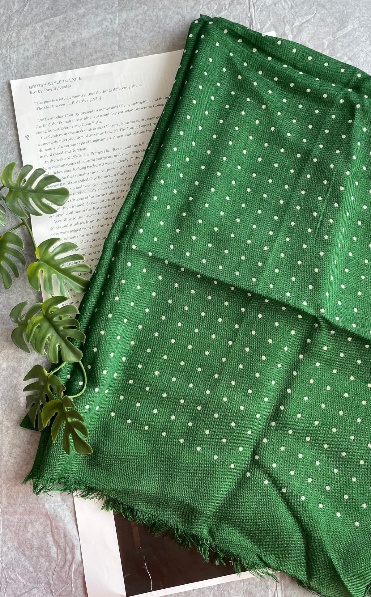 Drake's green polka dot tubular wool-silk blend scarf detail view 5