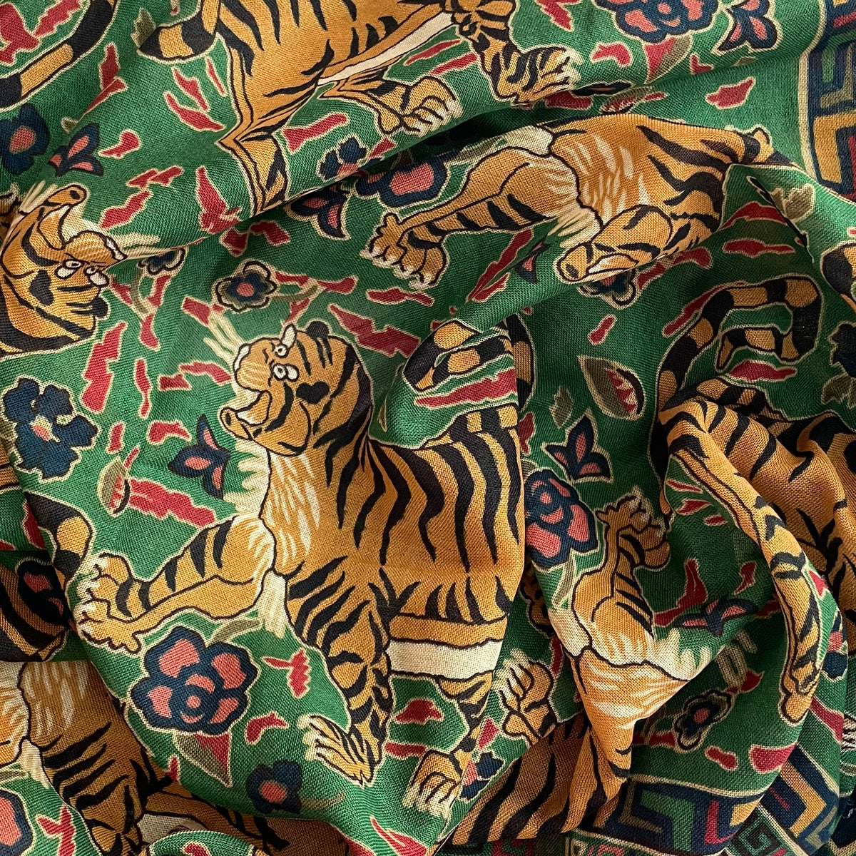 Drake's green red jumbo tiger print wool silk scarf product image