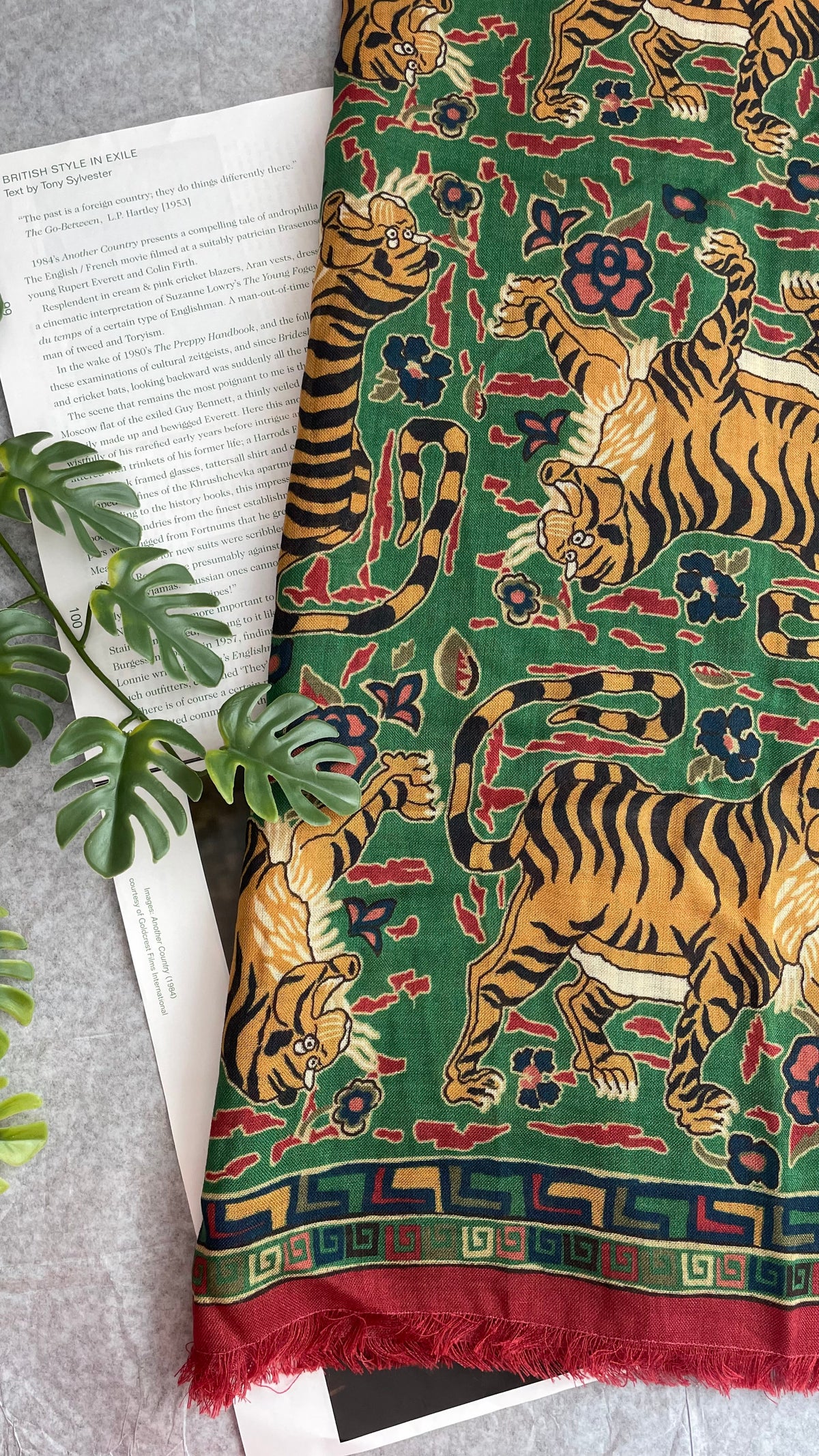 Drake's green red jumbo tiger print wool silk scarf detail view 2