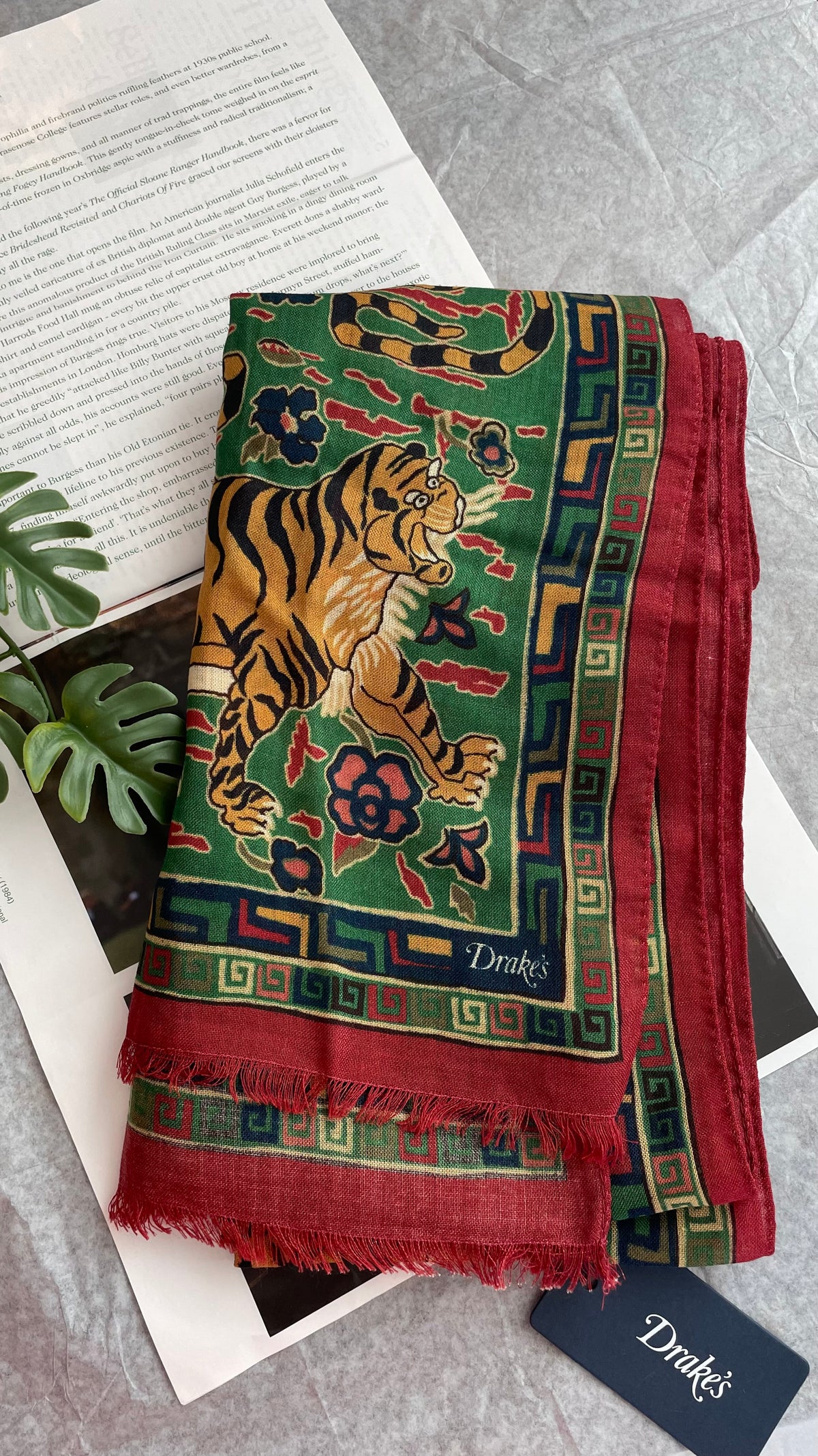 Drake's green red jumbo tiger print wool silk scarf detail view 3