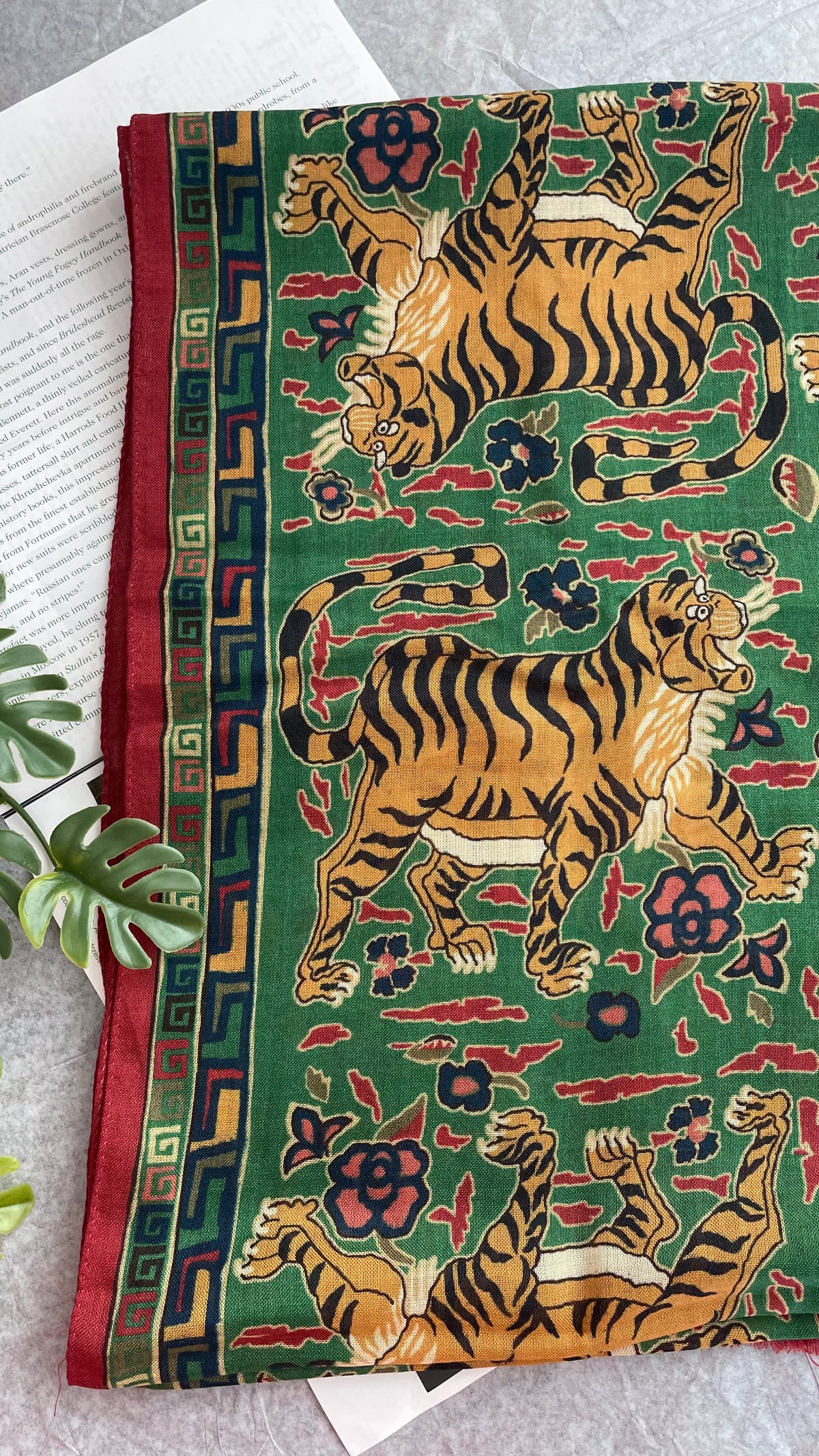 Drake's green red jumbo tiger print wool silk scarf detail view 4