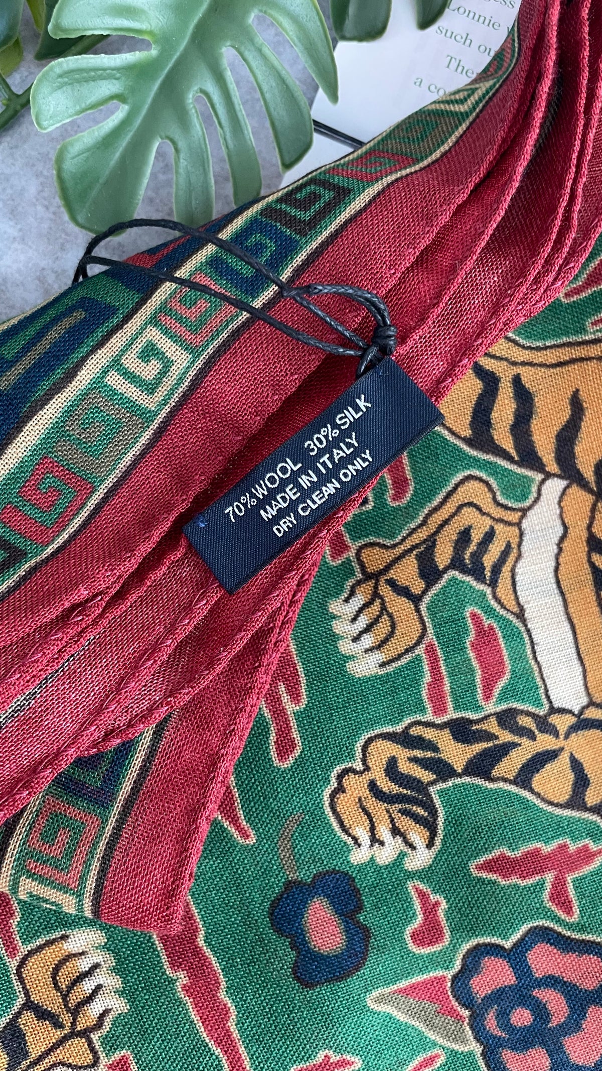 Drake's green red jumbo tiger print wool silk scarf detail view 5