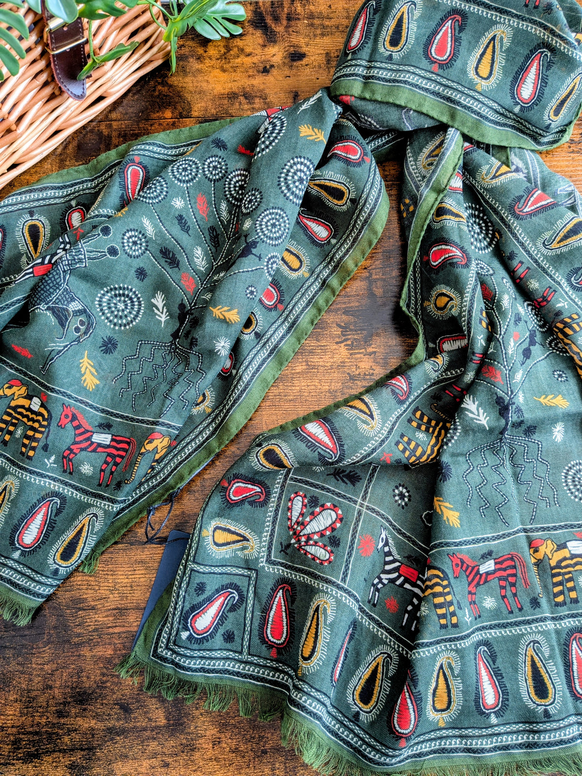 Drake's Green Rustic Elephant Print Wool-Silk Scarf - image 1