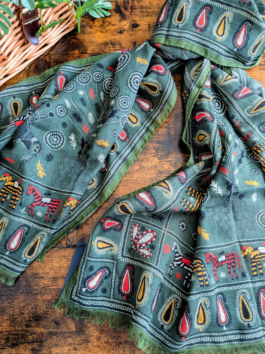 Drake's Green Rustic Elephant Print Wool-Silk Scarf - image 1