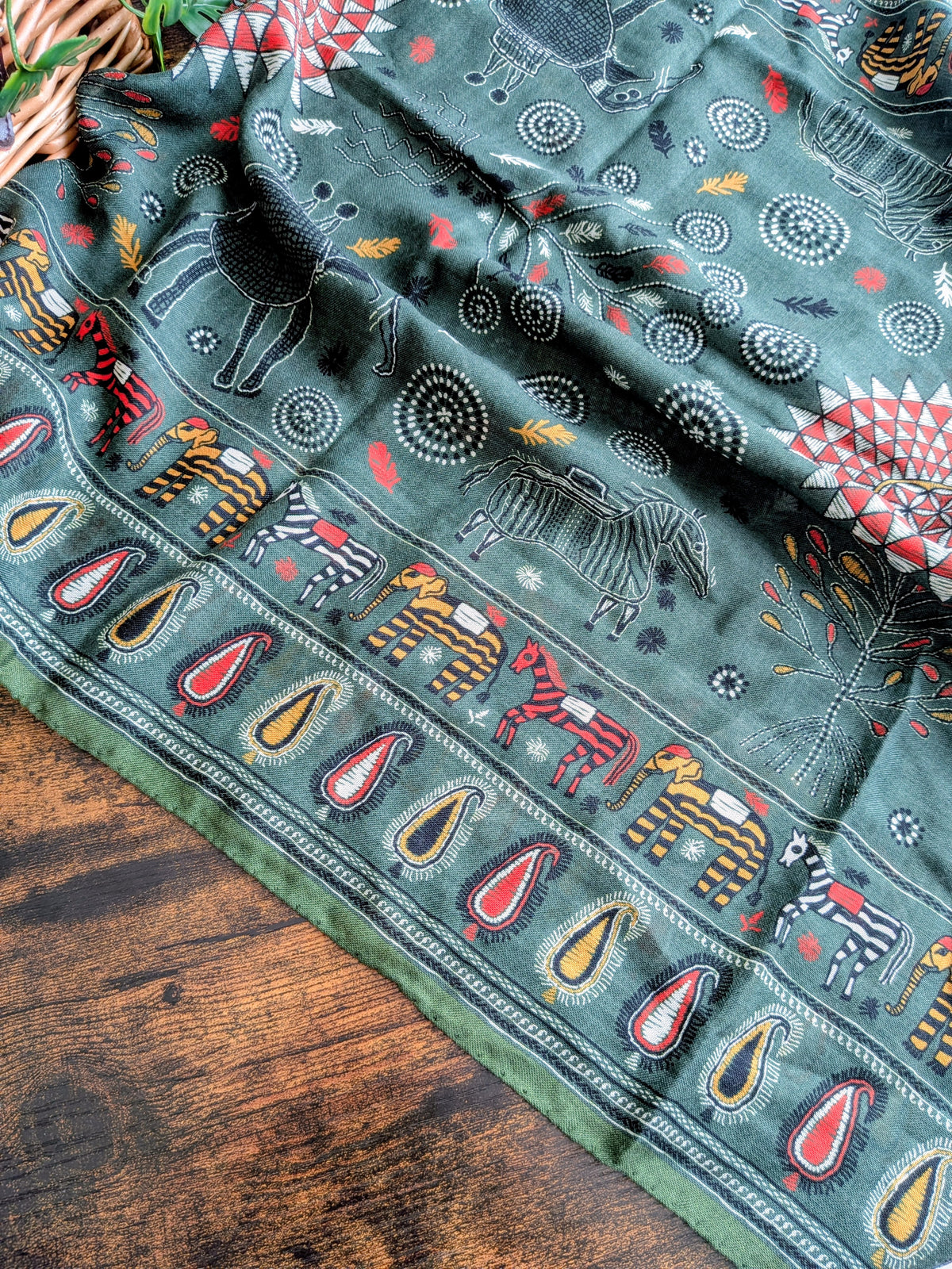 Drake's Green Rustic Elephant Print Wool-Silk Scarf - image 2