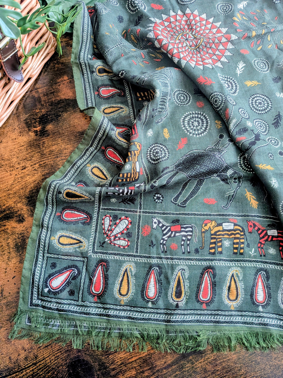 Drake's Green Rustic Elephant Print Wool-Silk Scarf - image 3