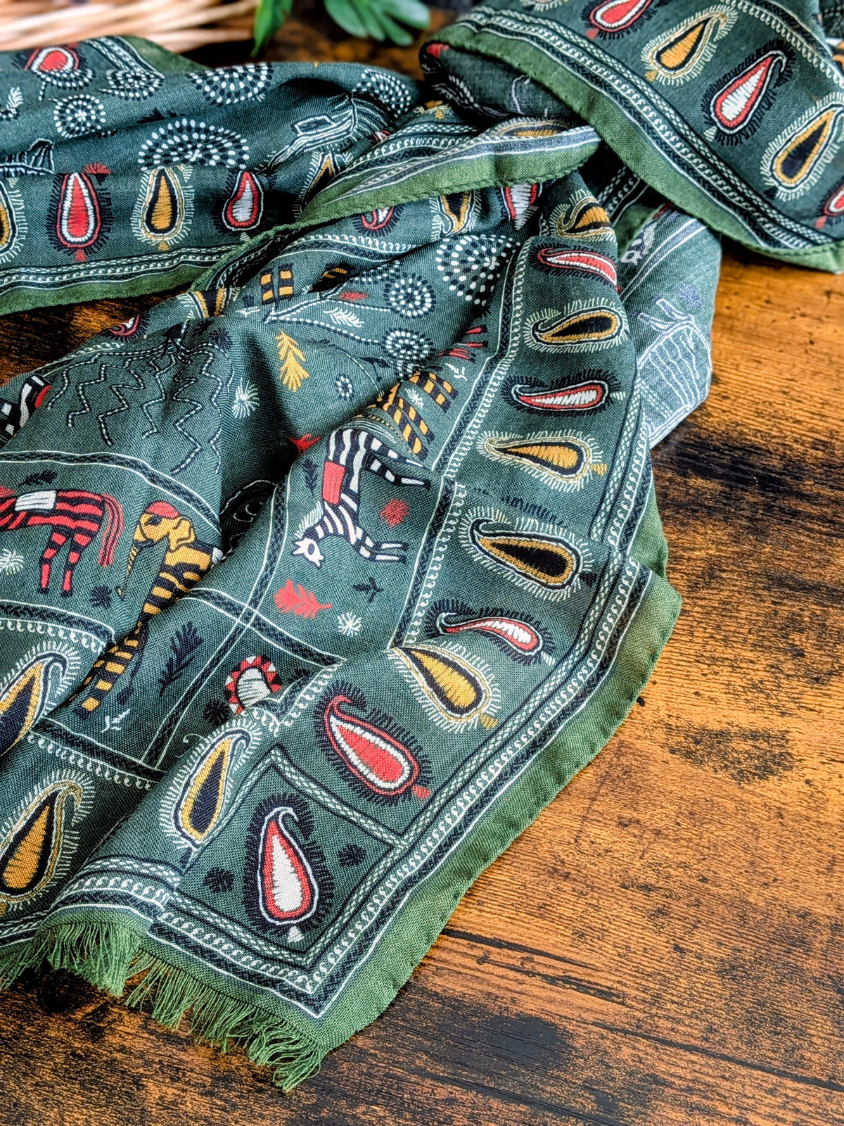Drake's Green Rustic Elephant Print Wool-Silk Scarf - image 5