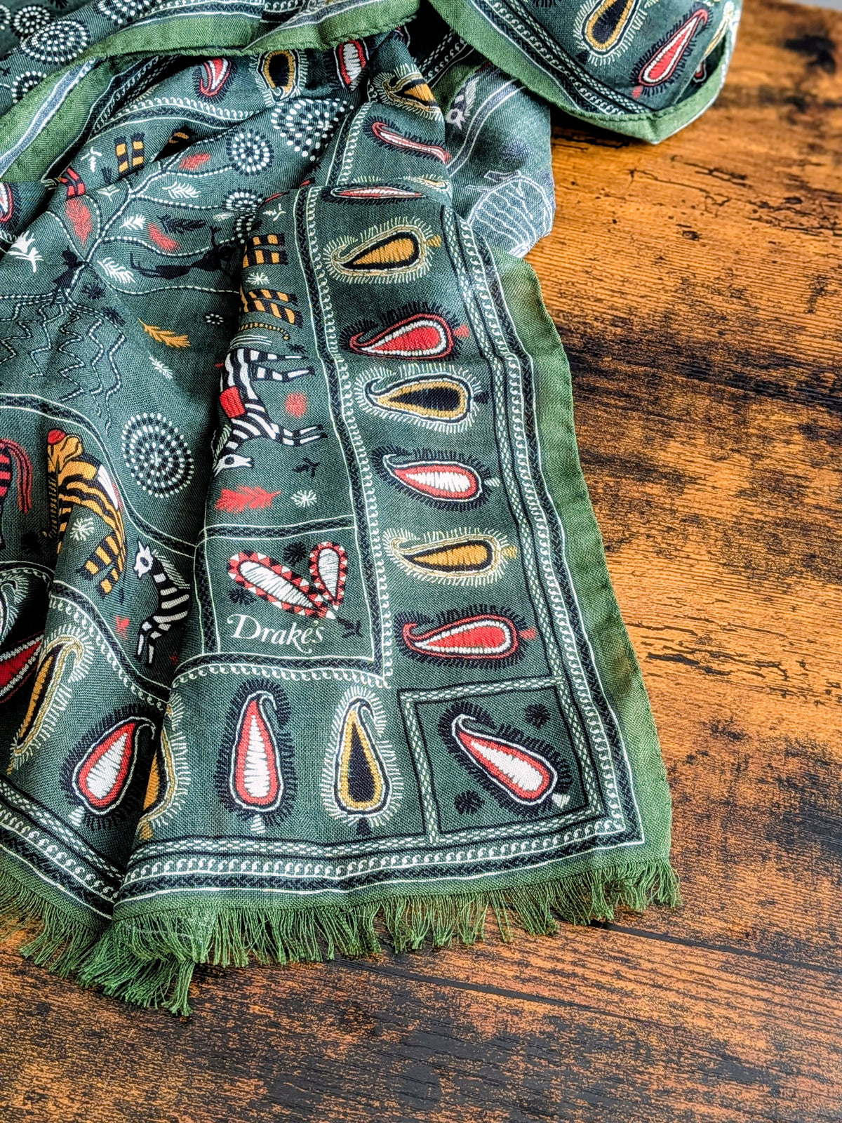Drake's Green Rustic Elephant Print Wool-Silk Scarf - image 6