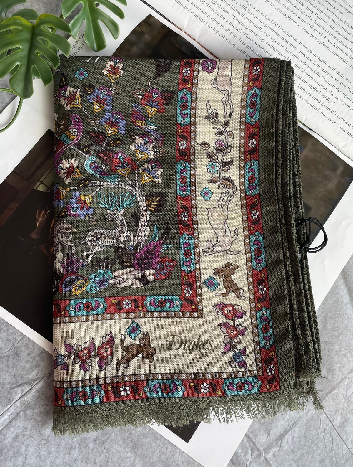 Drake's green summer mughal print wool silk scarf product image