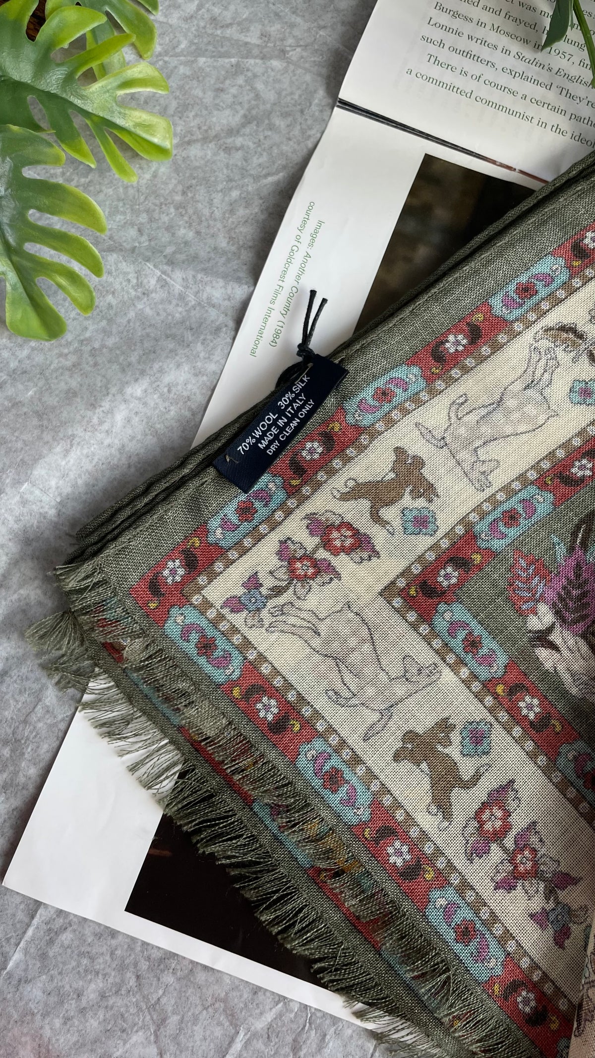 Drake's green summer mughal print wool silk scarf detail view 2