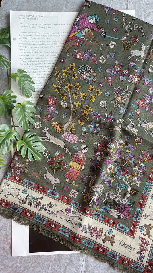 Drake's green summer mughal print wool silk scarf detail view 3