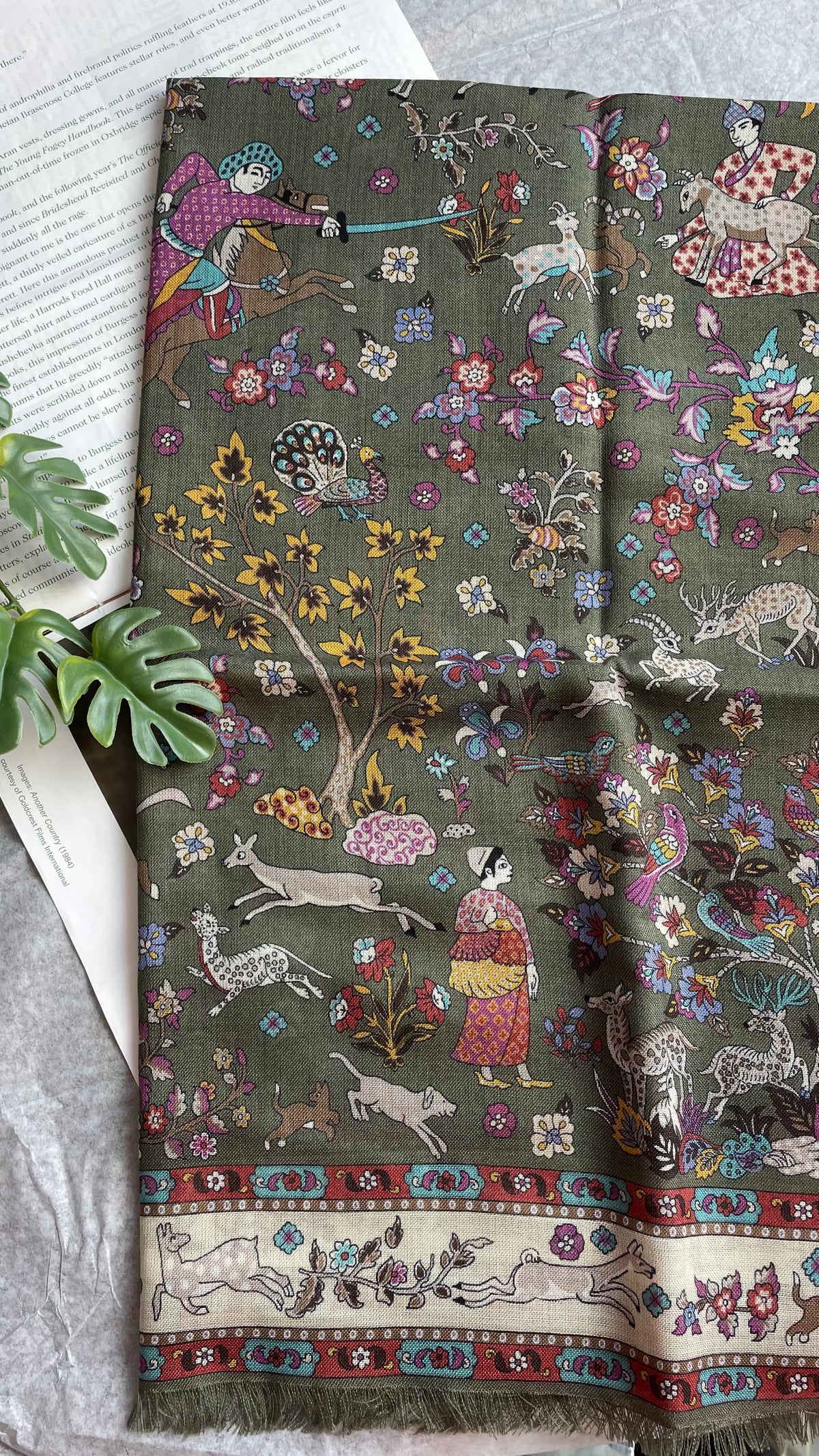 Drake's green summer mughal print wool silk scarf detail view 4