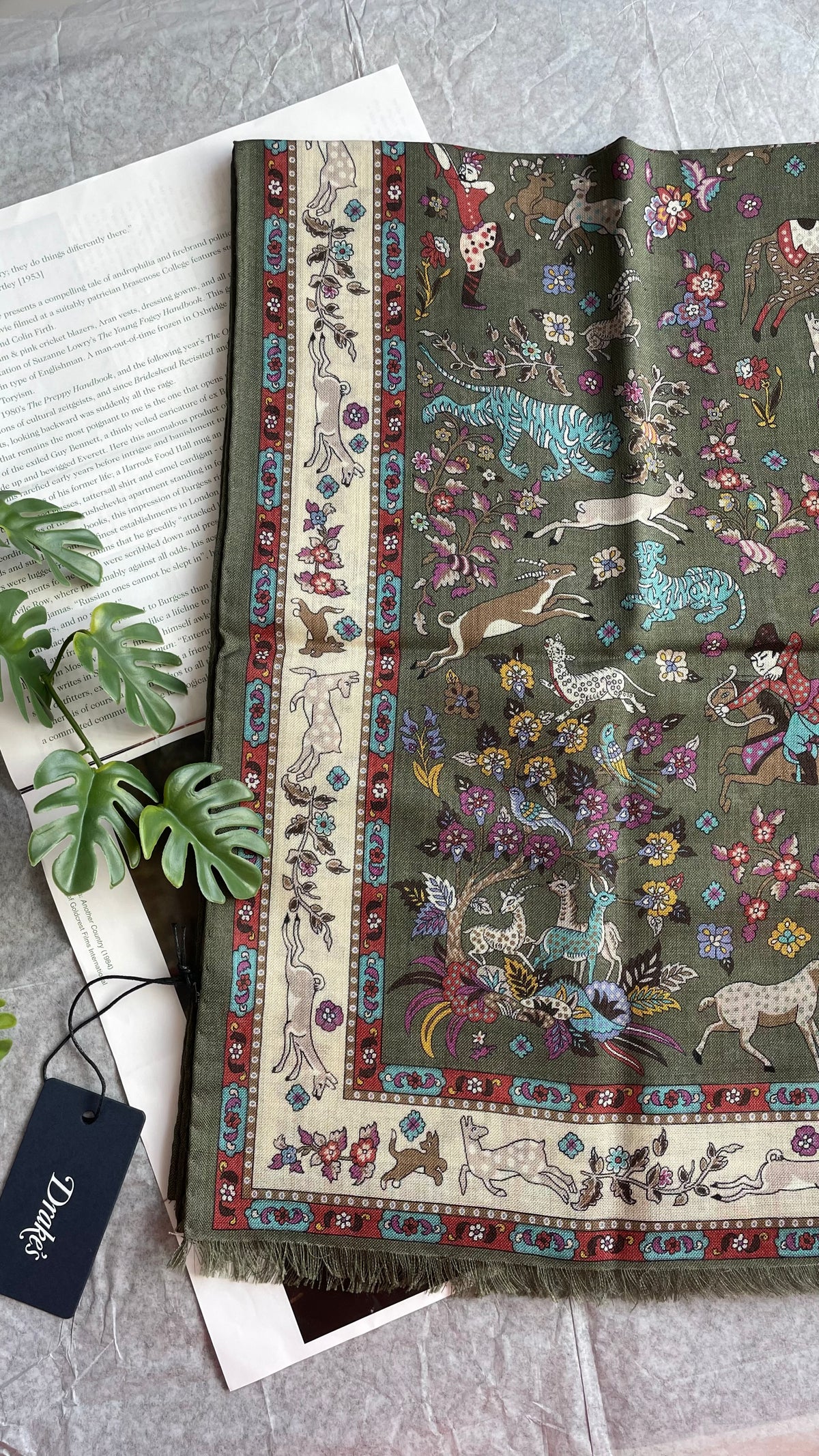 Drake's green summer mughal print wool silk scarf detail view 5