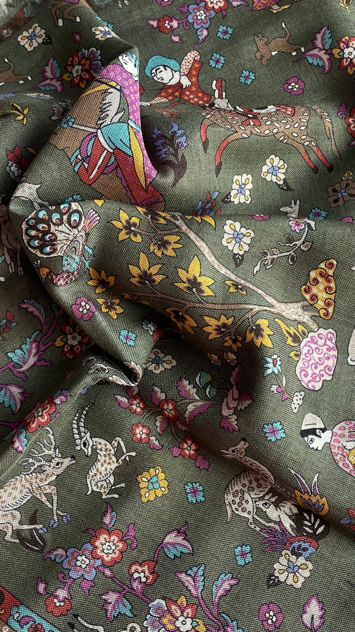 Drake's green summer mughal print wool silk scarf detail view 6